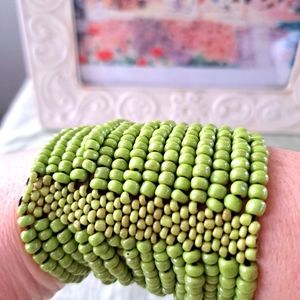 Lime/ Pea Green Seed Bead Cuff Stretch Bracelet